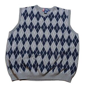 Chaps Mens Argyle Sweater Vest Gray Blue Vneck Ribbed Hem Size XL